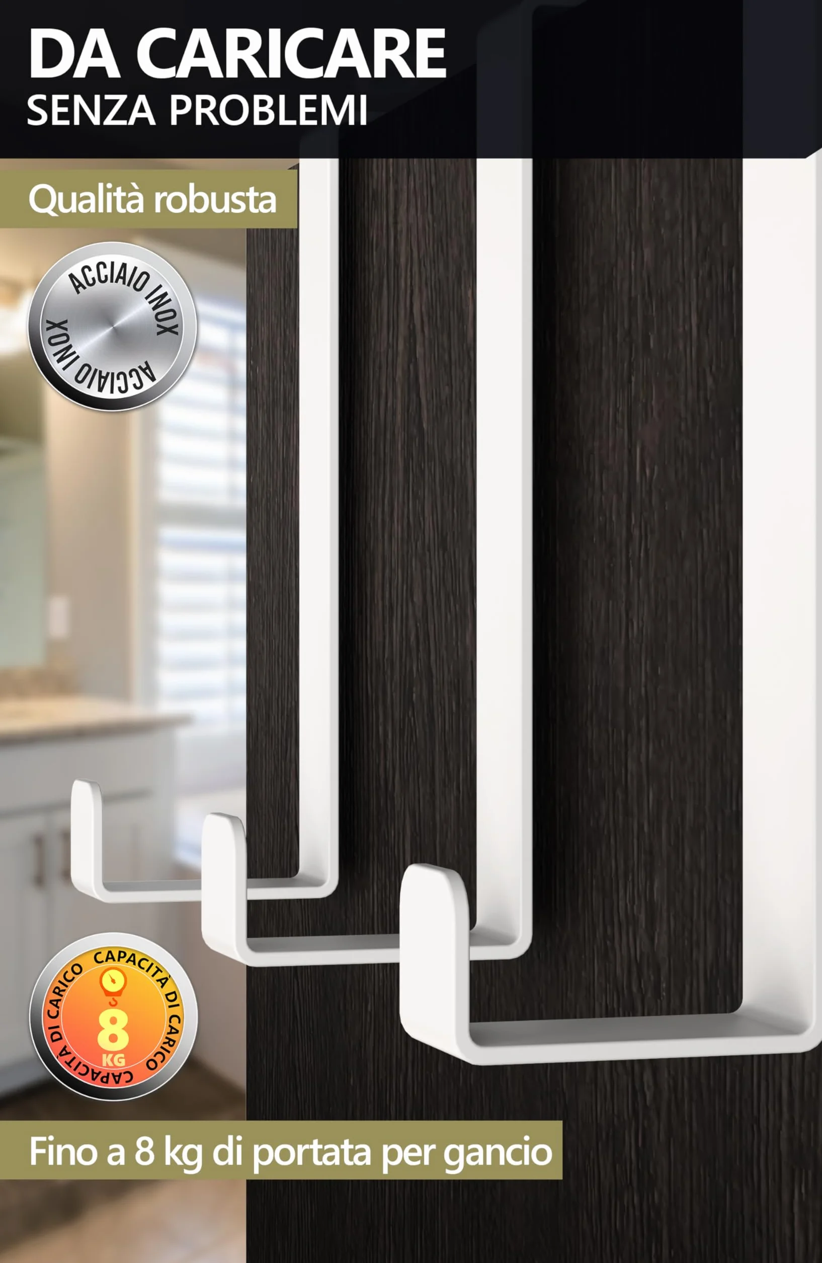 4smile Appendiabiti da Porta 1.6 cm 2.2 cm, 10 Pezzi in Bianco - Attaccapanni da Porta in Acciaio Inox, Durevole Appendi Accappatoio per Bagno, Universali Ganci Porta