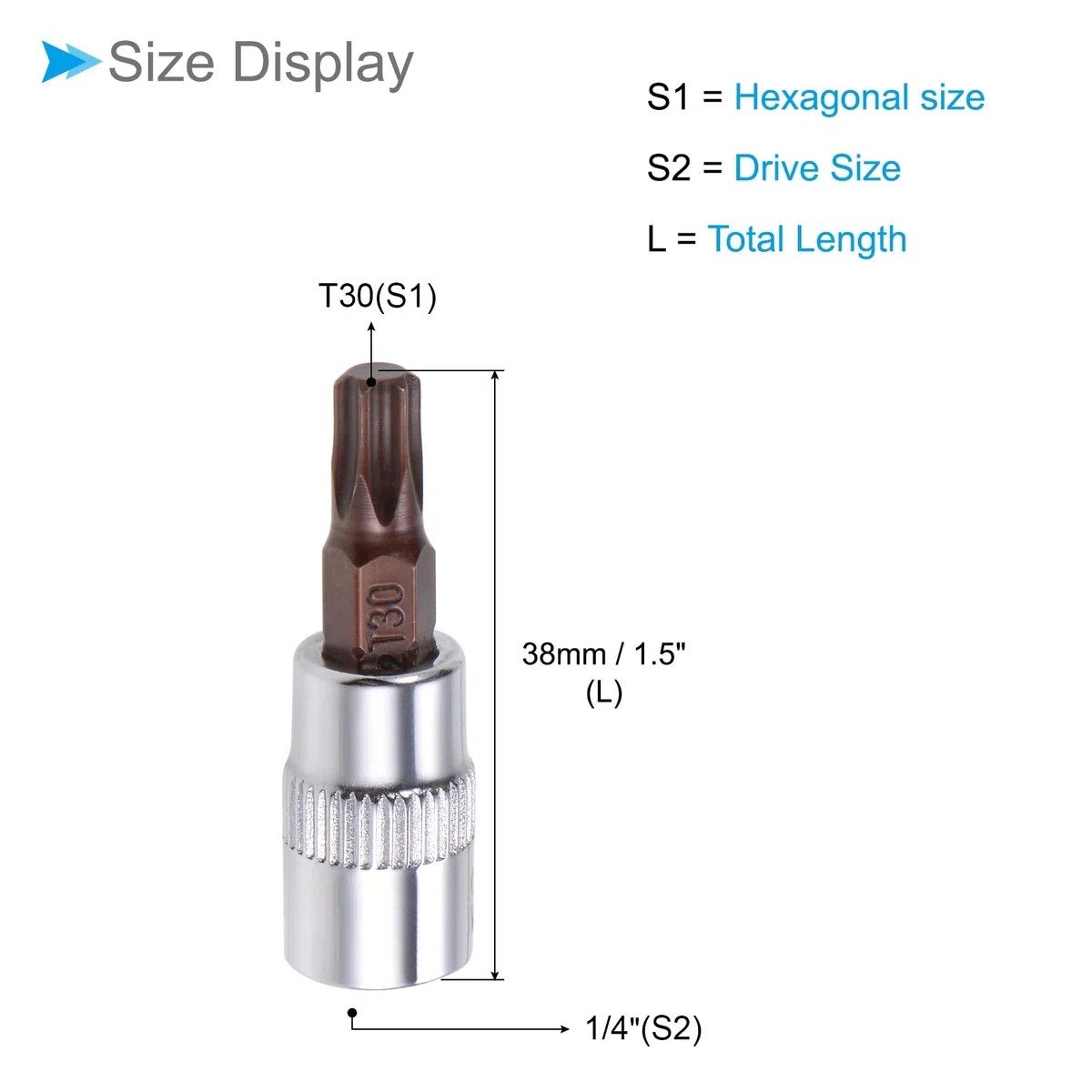 Chiave a Bussola Torx, Metrico T30 Punta 1/4" Attacco 1,5" Lungo, Acciaio Legato S2 Temprato al Cromo-Vanadio - (Applicazioni: per Applicazioni Fissaggio) 2pz