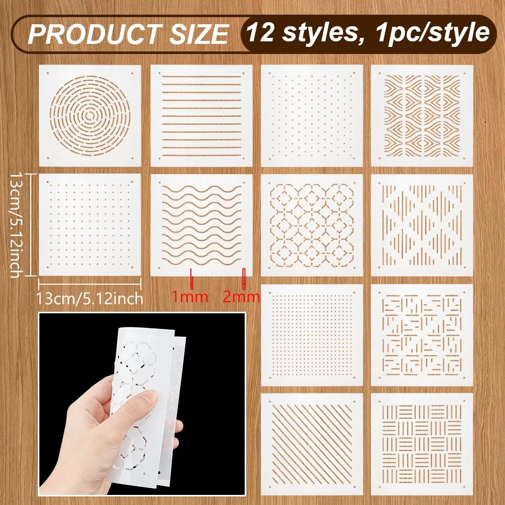 BENECREAT 12 pz Stencil Sashiko In Plastica, Strumento per Ricamo Da 13x13cm, Modello di Linea di Disegno per Trapuntatura A Mano e Ricamo, 0.3mm di Spessore