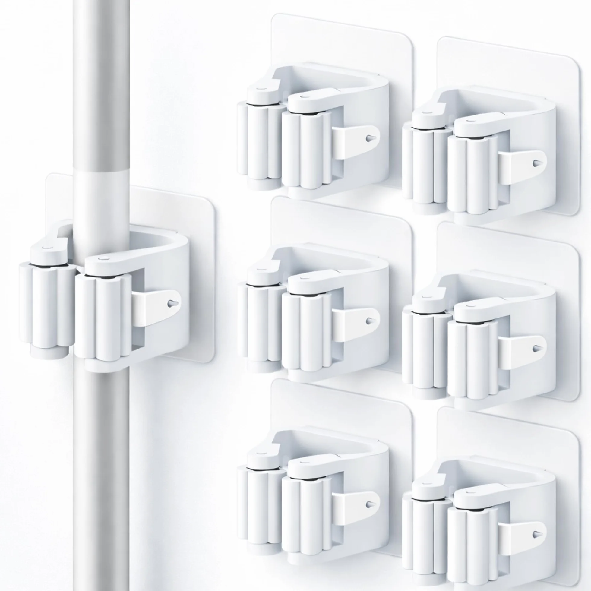 Porta Scope Parete Adesivo Set da 6, Portascope da Muro Appendibile Senza Forare, Appendi Scope Bianco per Scopa e Mocio, Cucina, Bagno, Lavanderia e Garage, 6 x 6 x 4,5 cm