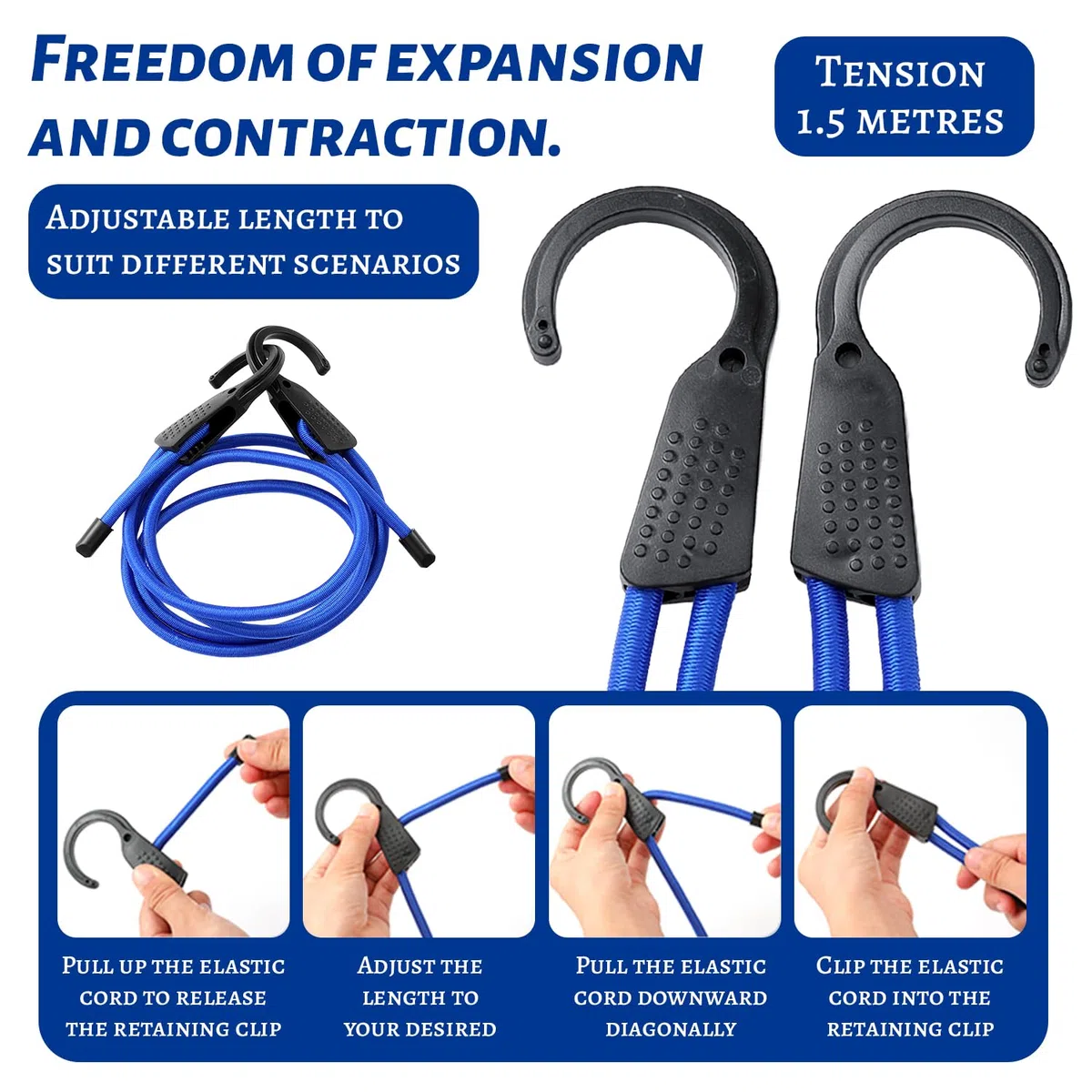 2 estensori da 1,5 m con gancio, regolabili liberamente, dotati di 8 clip, antivento e antiscivolo, con gancio di estensione, adatto per reggere bagagli, asciugare vestiti (blu)